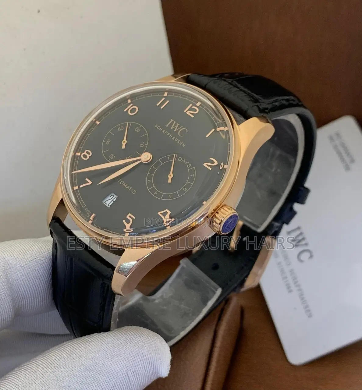 I W C Automatic Engine Black Leather Strap Wrist Watch