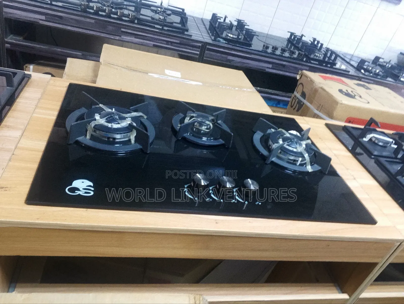 G S Glass Top Cabinet Gas Cooker 3 Burners Automatic Ignition