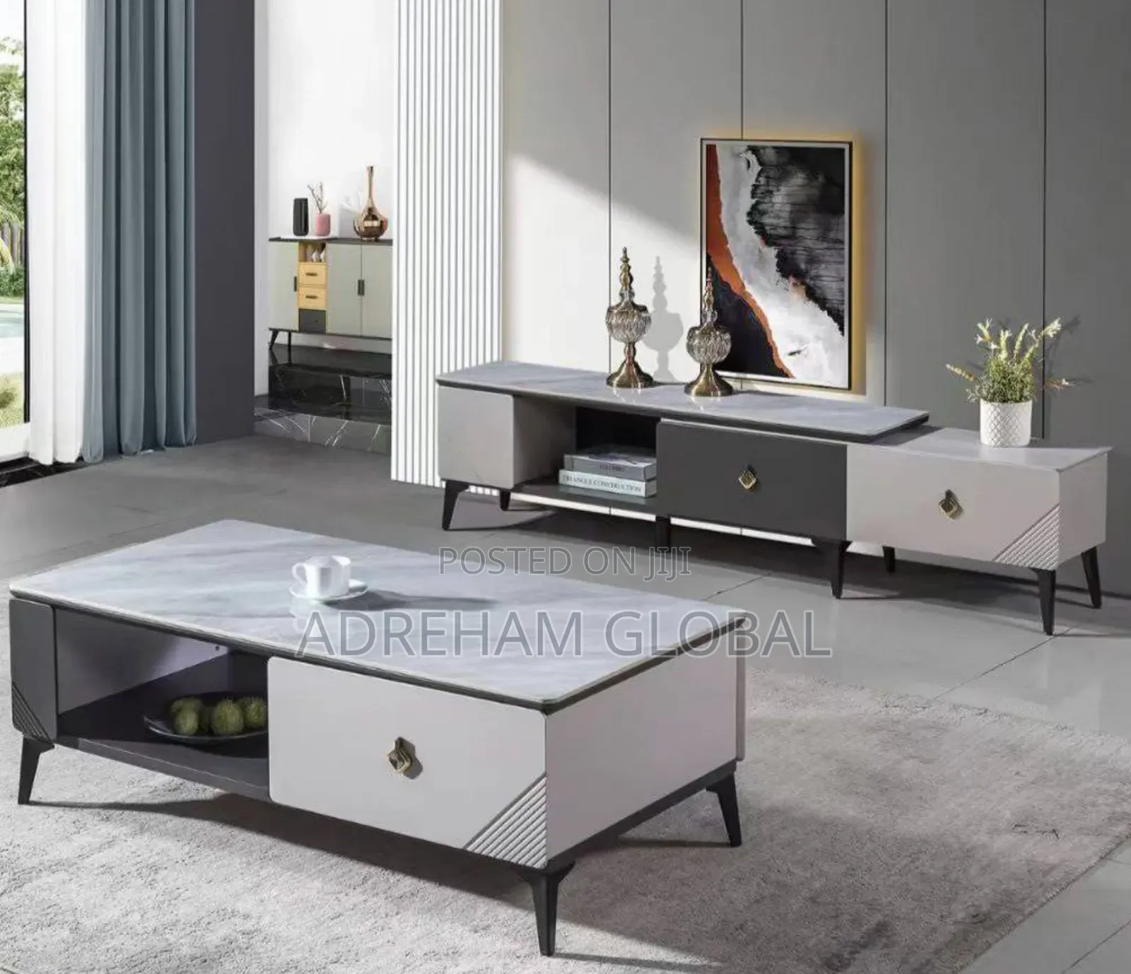 Slate Top Center Table Tv Console MDF Luxury Stone Marble 2set