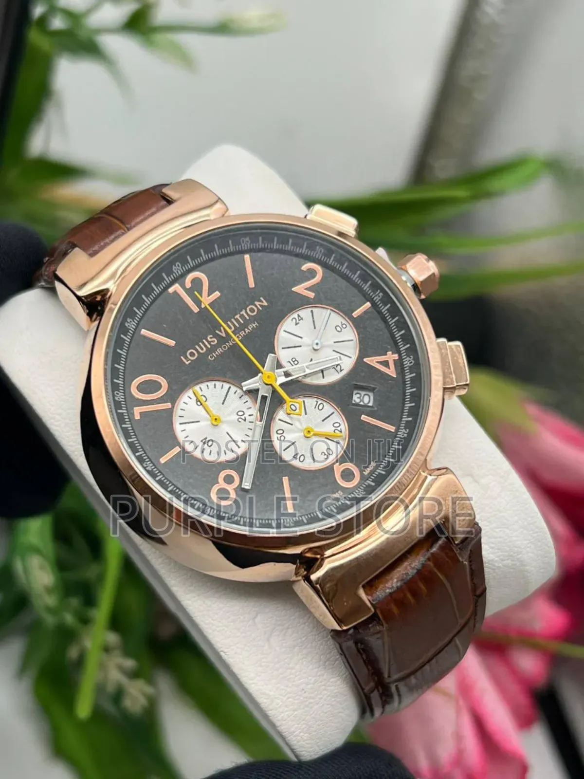 Louis Vuitton Chronograph Watch Brown Leather for Guys