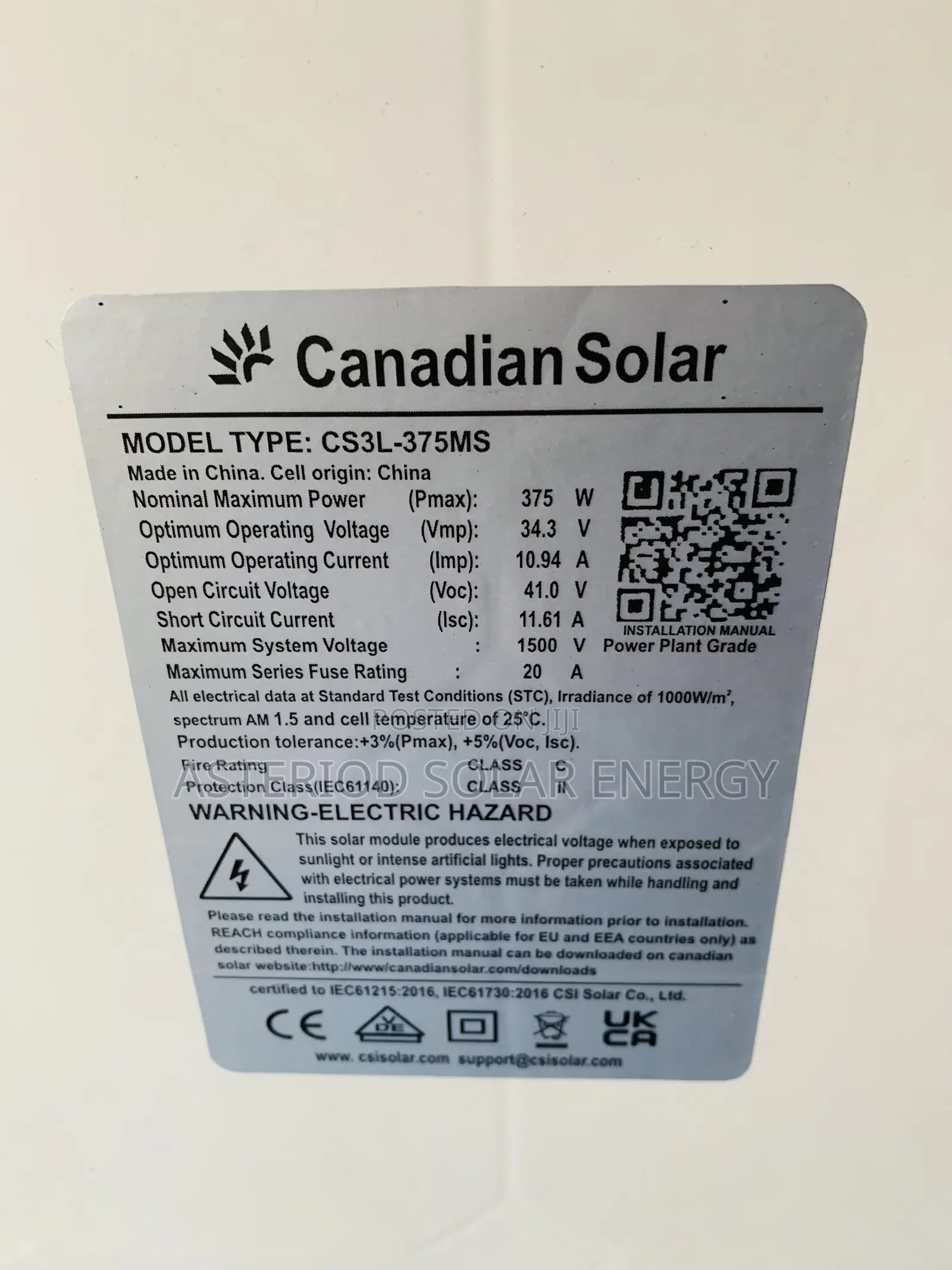 375watts 96cells Canadian Solar Panel (Black)