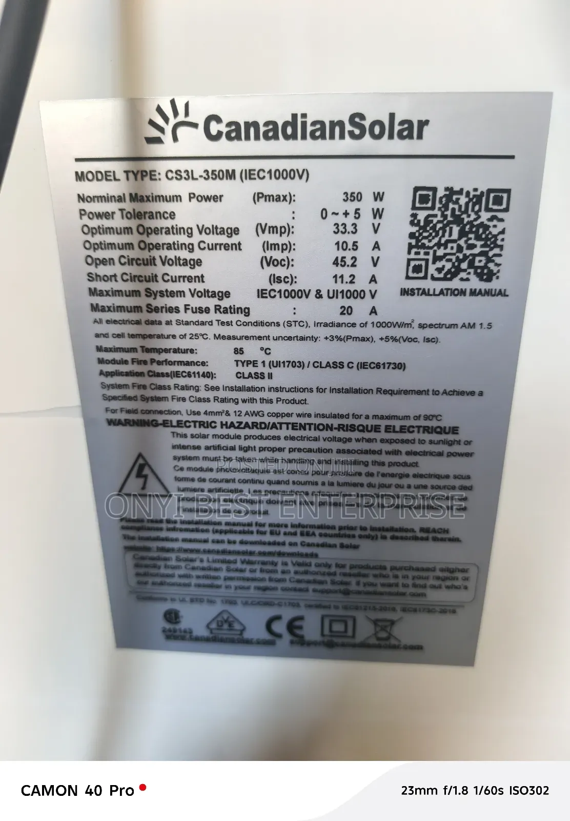 Canadian Mono Solar Panels 350watts