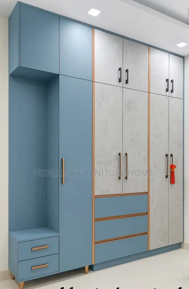 Modern Blue Stone-Finish Wardrobe With Vanity Nook Drawers