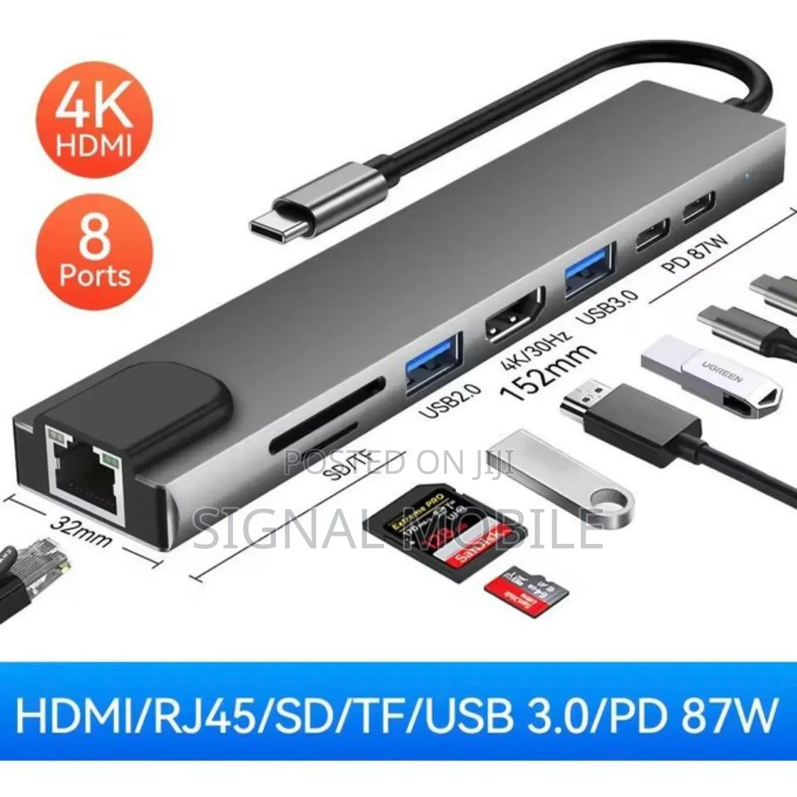 8 in 1 Usb C Hub to HDTV Adapter With 100m Rj45