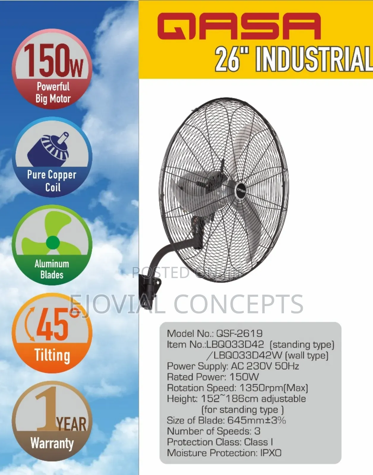 Qasa 26" Industrial Fan 150w Wall Fan With Aluminum Blades