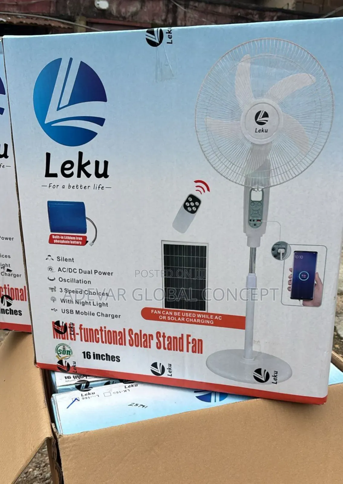 16 Inches Leku Rechargeable Solar Fan With Bluetooth Mp3