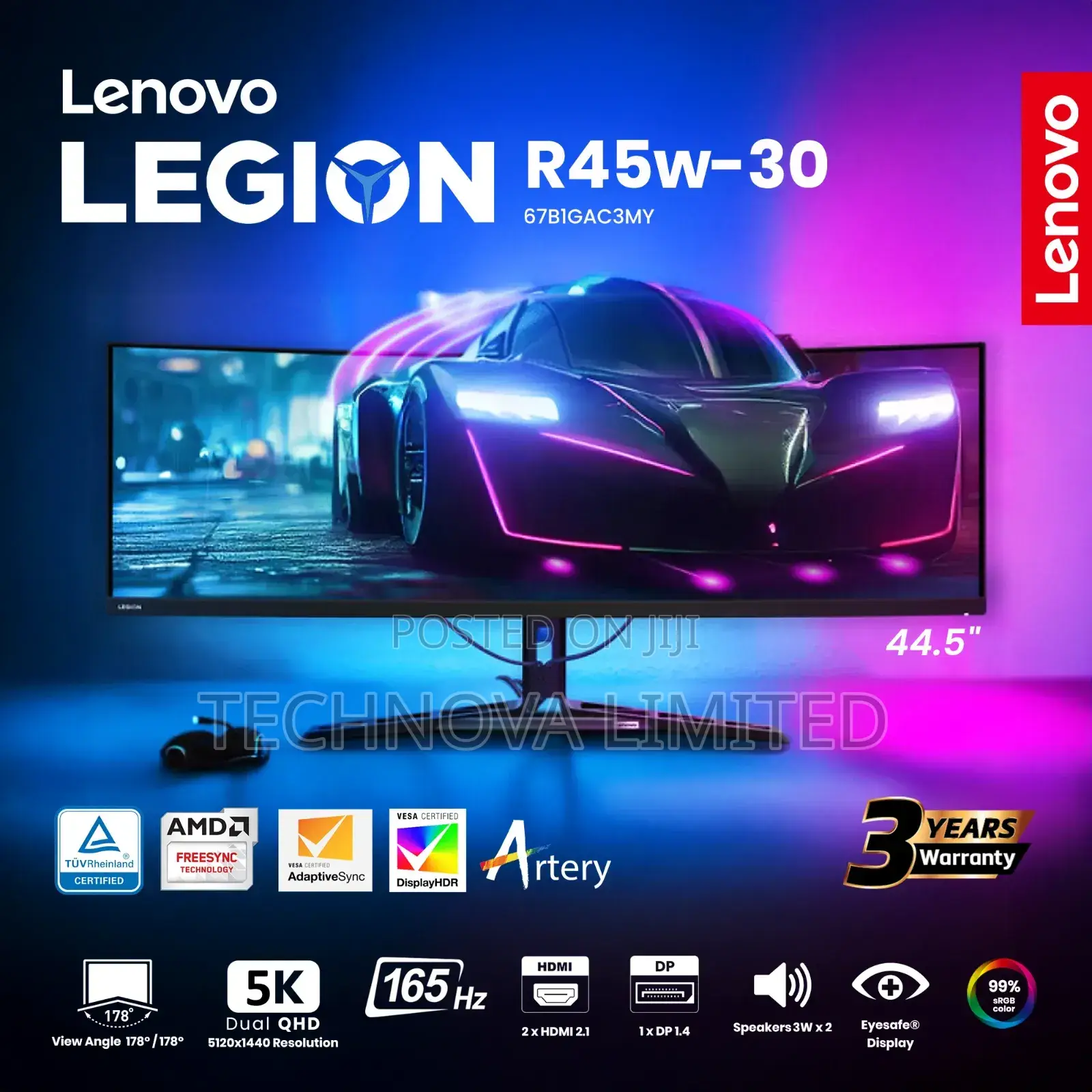 Lenovo Legion R45w-30 Gaming Monitor 44.5" Curved, Dualqhd, 170hz 1ms