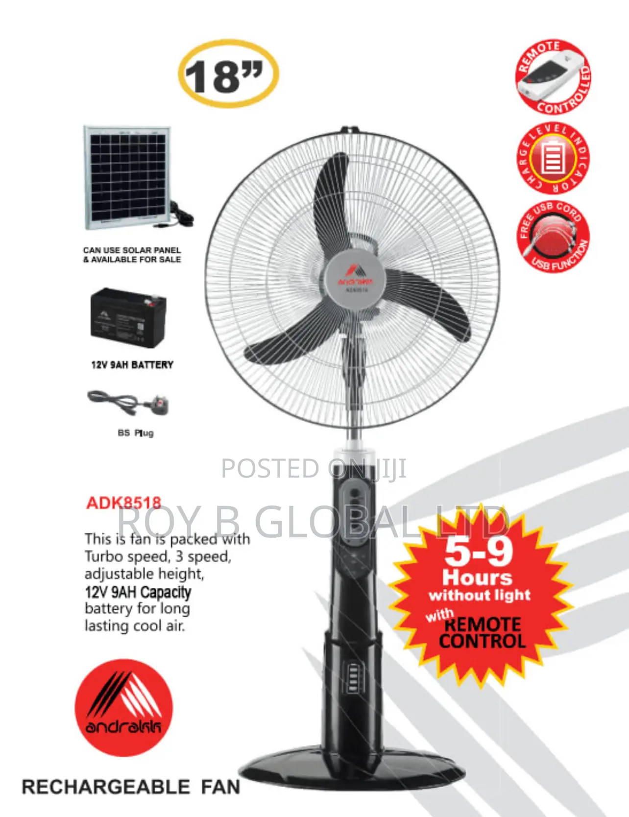 18” Andrakk Rechargeable Standing Fan