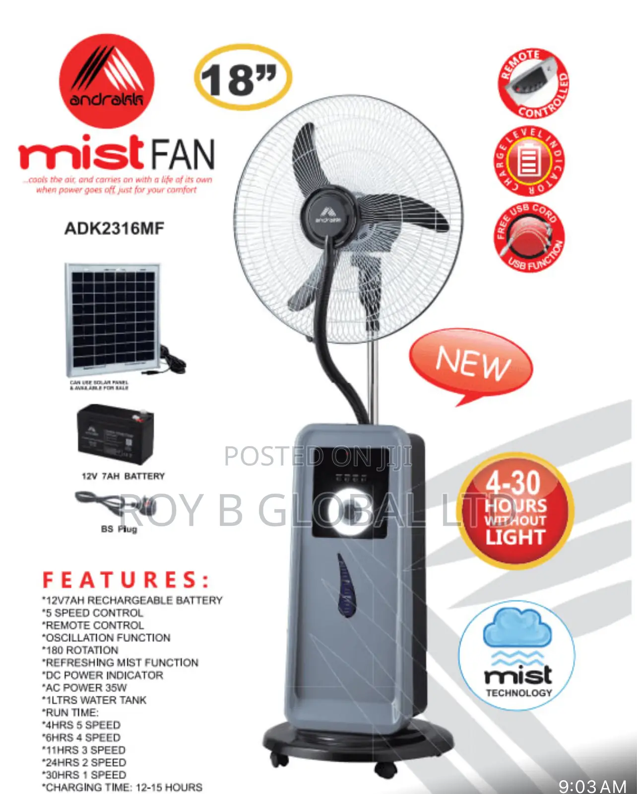 18” Andrakk Rechargeable Mist Fan