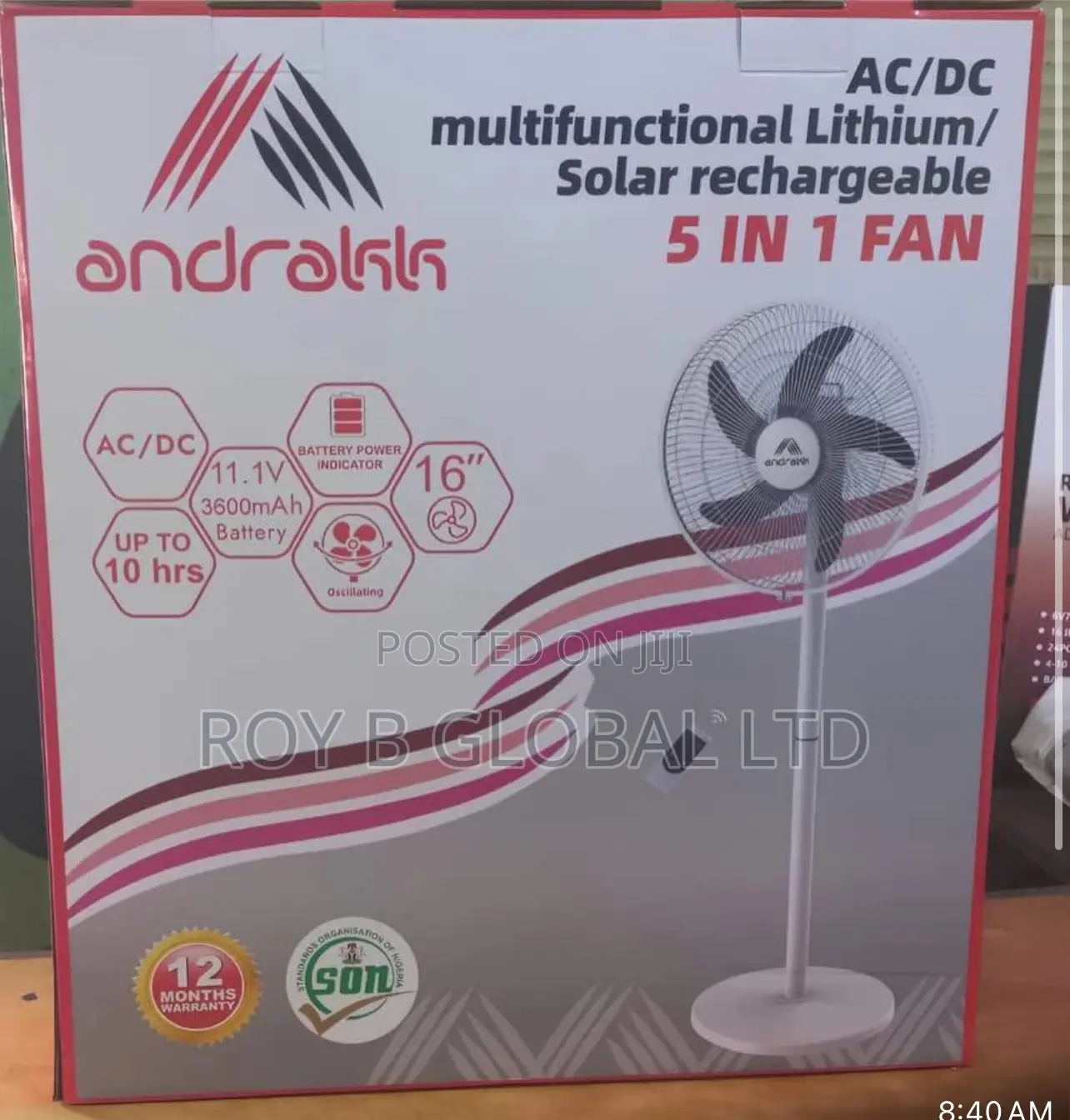16” 5 in 1 Solar Rechargeable Standing Fan