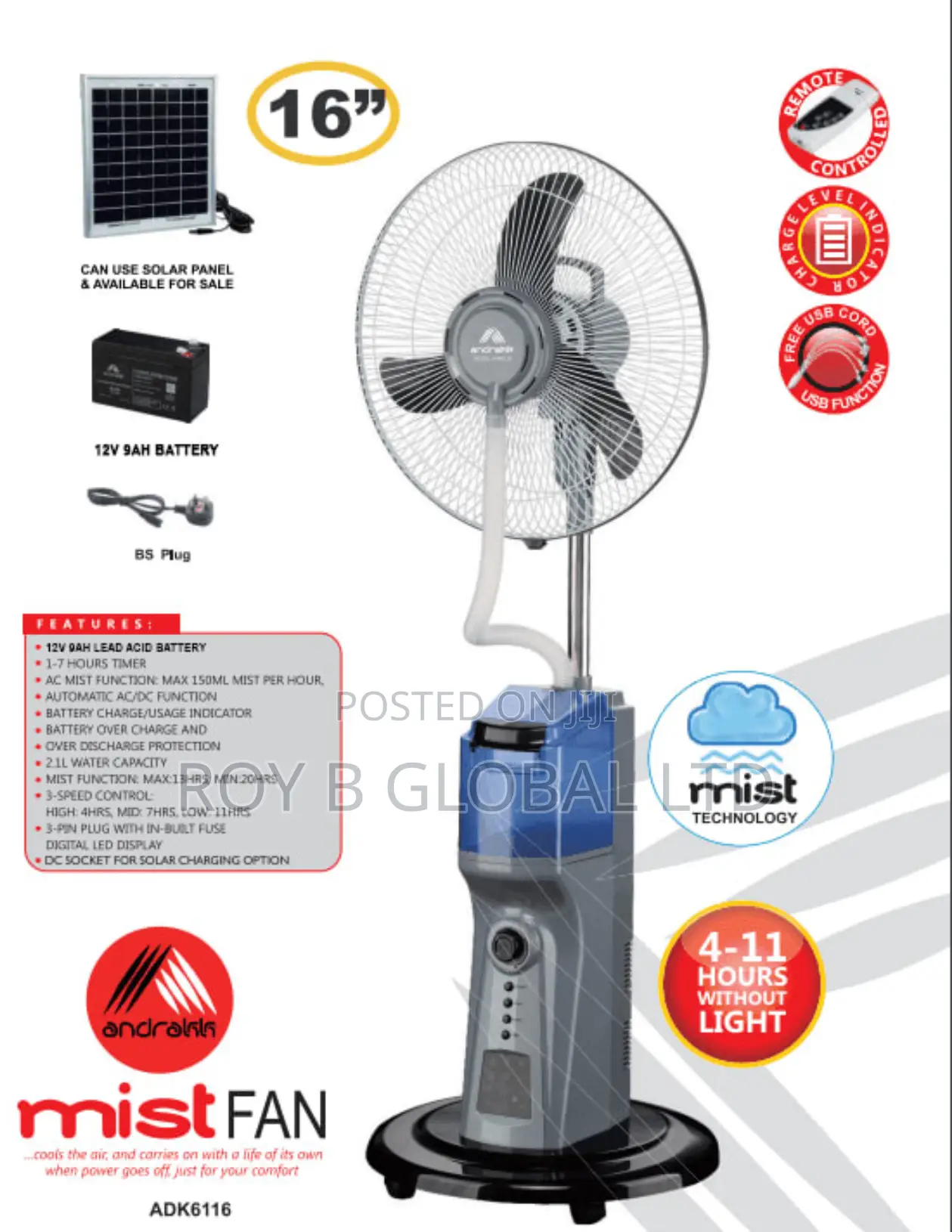 16” Andrakk Rechargeable Mist Fan