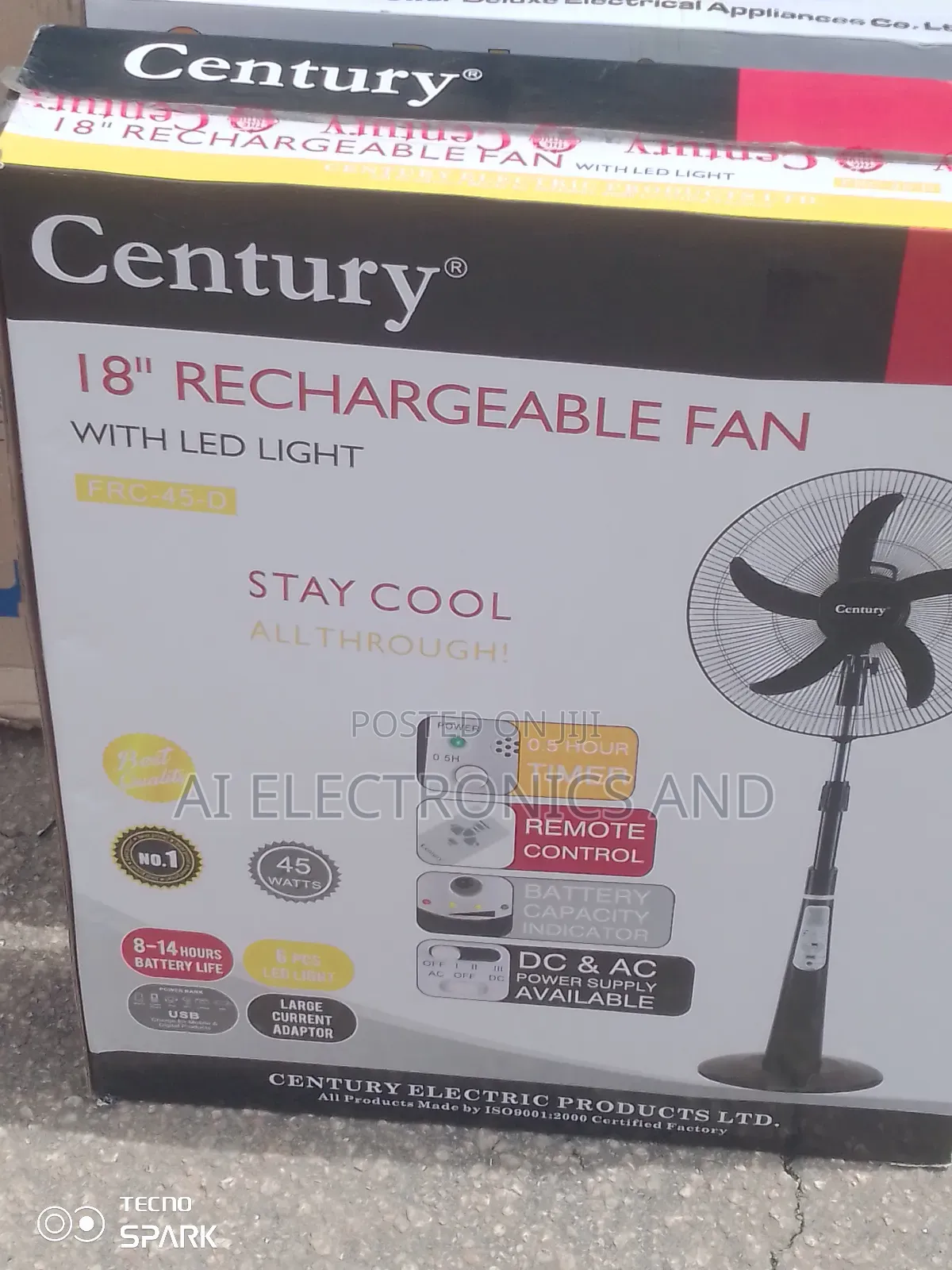 Century Rechargeable Fan 18inches Black Color