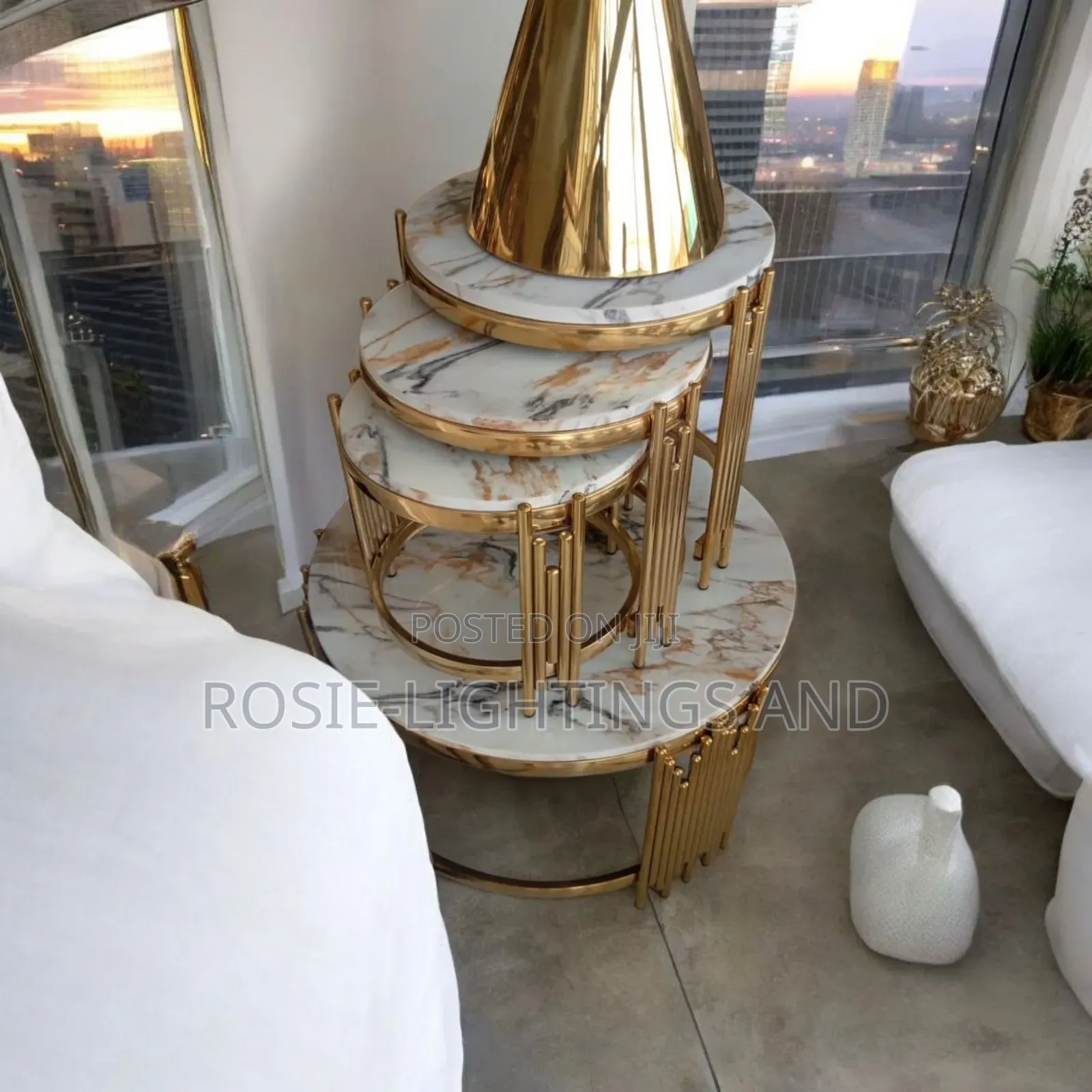 4 in 1 Set of Living Room Marble Center Table Side Stools (White)