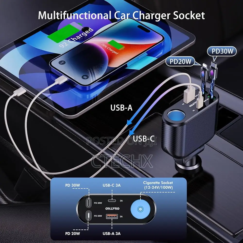 5-in-1 Retractable Car Charger 168watt Usb C Cigarette Lighter Adapter