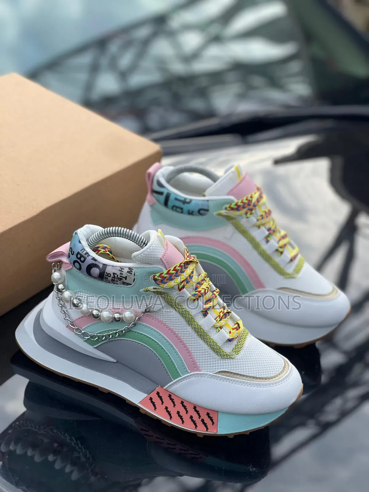 Women’S Multicolour Chunky Platform Sneakers With Pearl Chain Detail