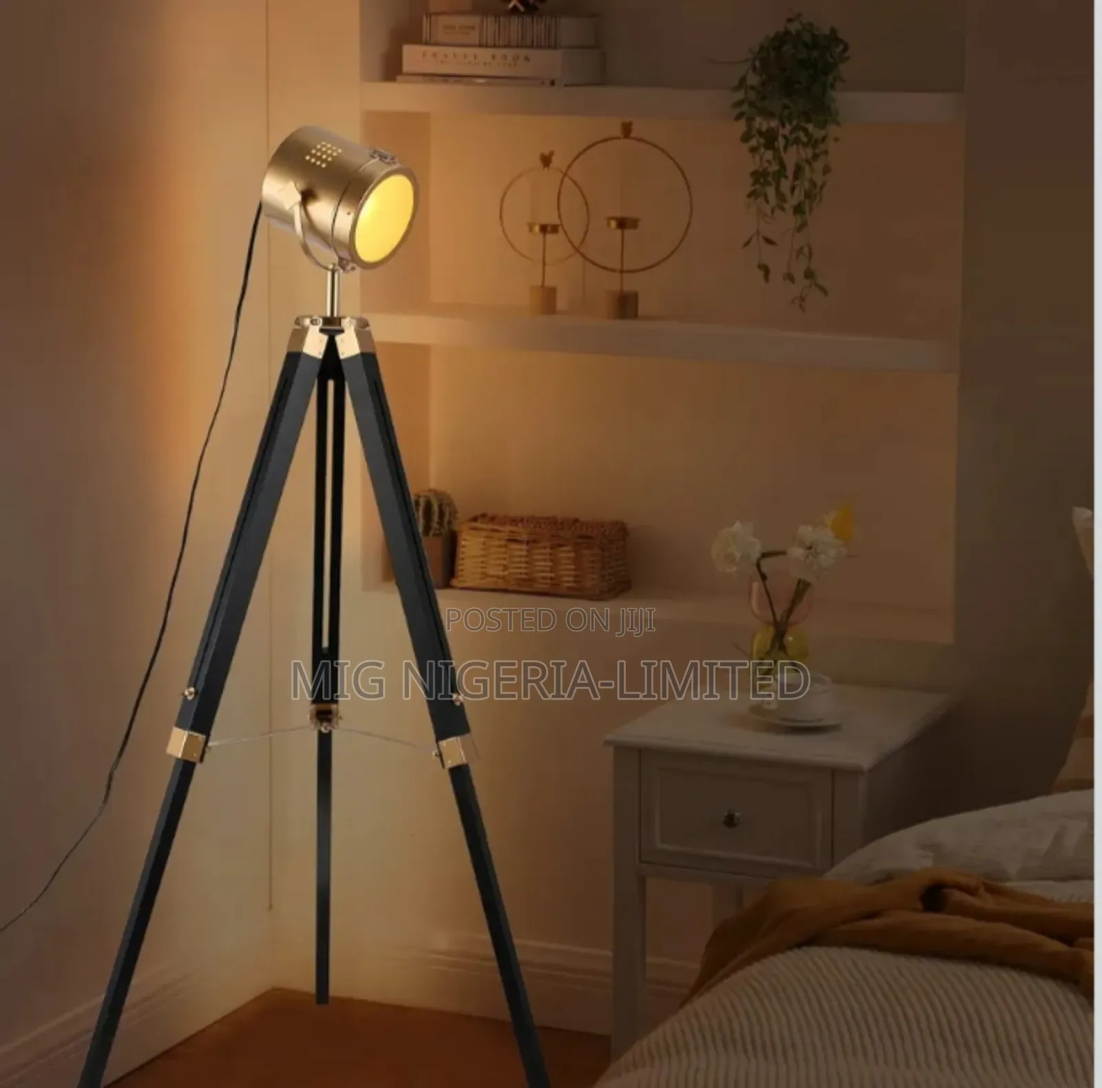 Industrial Tripod Wooden Floor Lamp Brass Rotation Adjustable