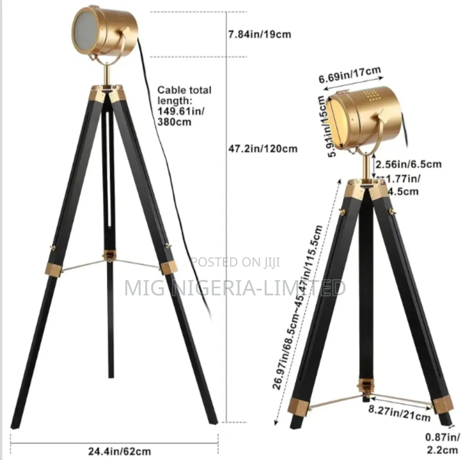 Industrial Tripod Wooden Floor Lamp Brass Rotation Adjustable