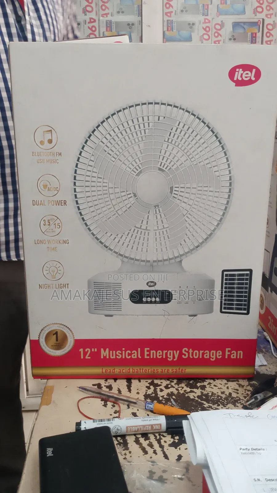 Itel 12 Inches Solar Rechargeable Music Fan With Panel
