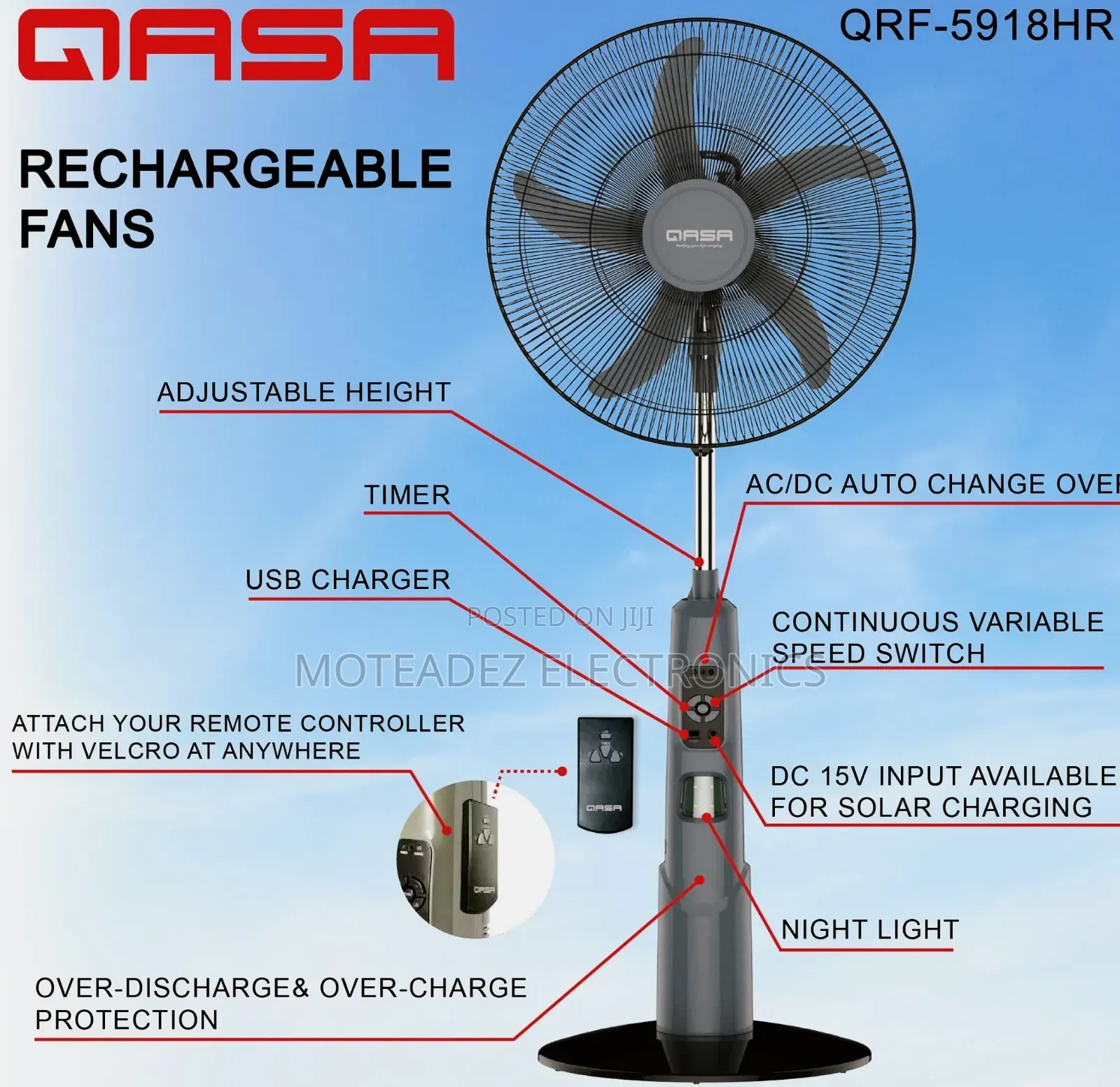 Qasa 18inches Strong Rechargeable Standing Fan With Remote Control