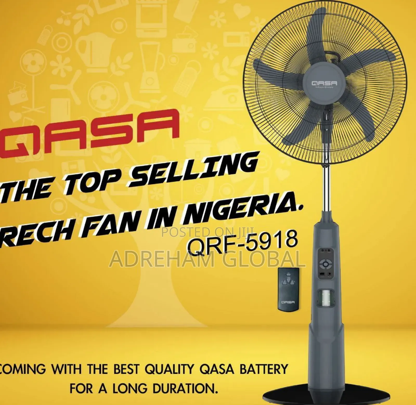 Qasa Rechargeable Standing Fan 
Strong Battery 
Remote
Long Lasting.