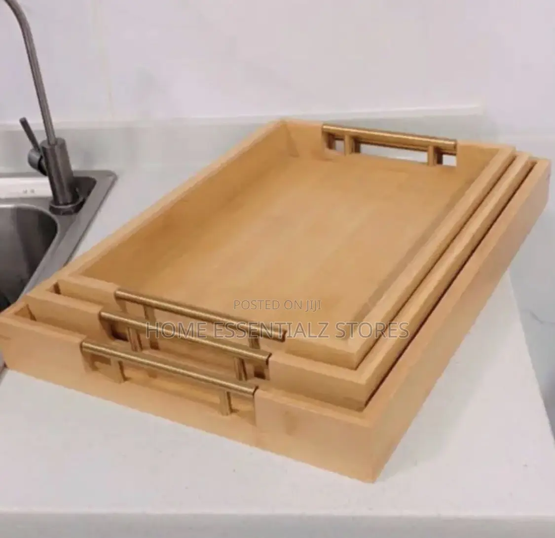 Polished Wooden Serving Tray Set With Gold Metal Handle