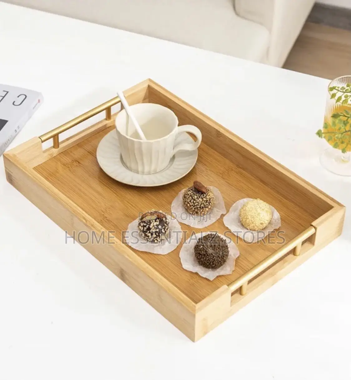 Polished Wooden Serving Tray Set With Gold Metal Handle