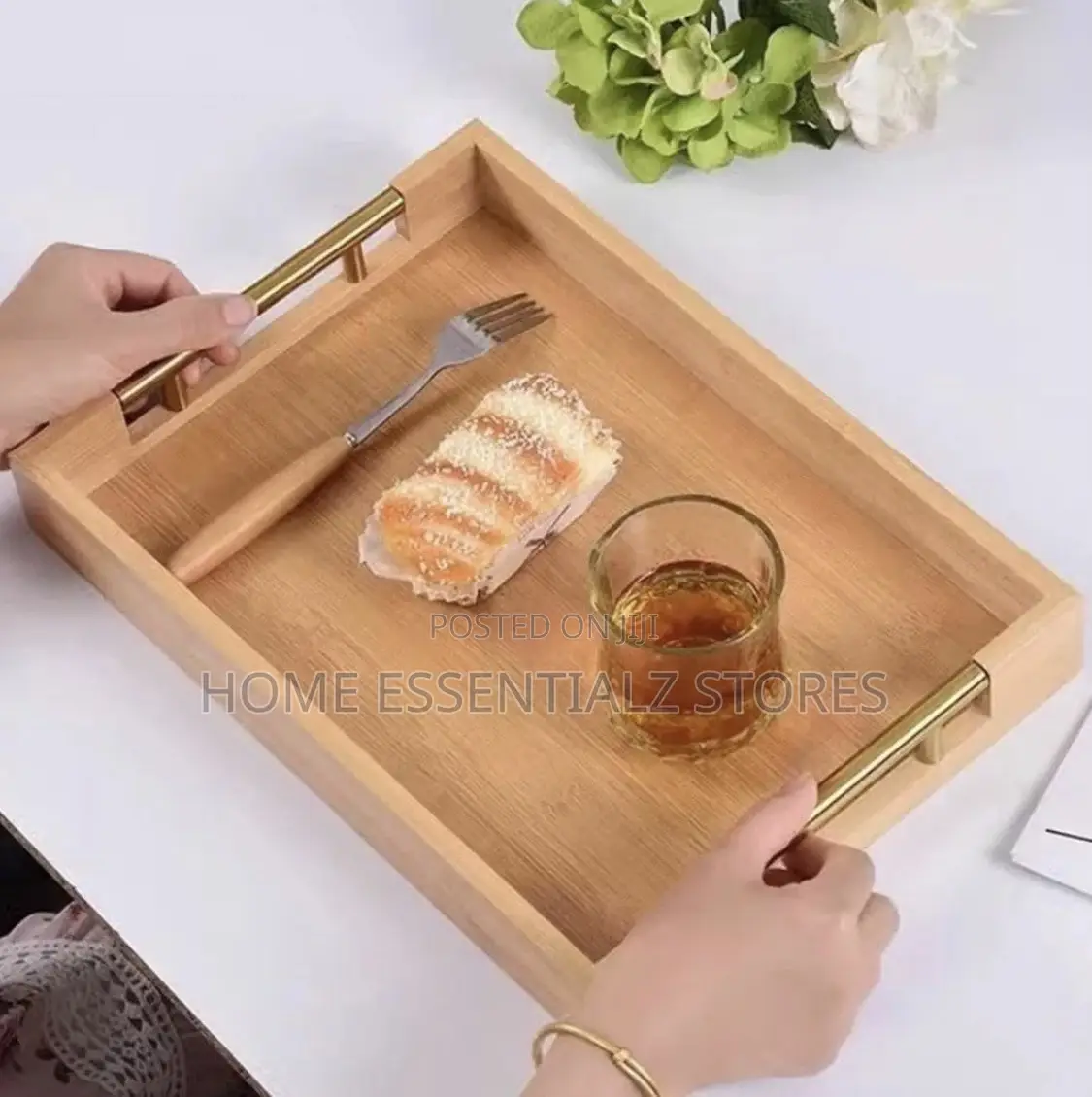 Polished Wooden Serving Tray Set With Gold Metal Handle