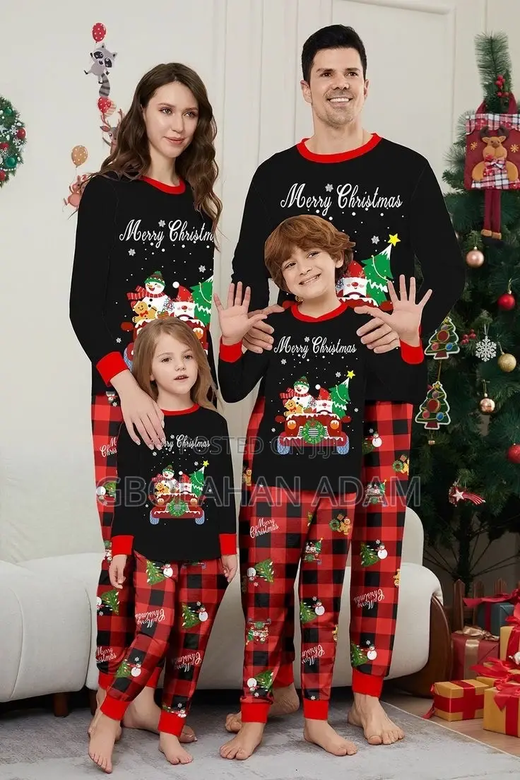 Black Red Print Merry Christmas Plaid Family Matching Pajamas Set