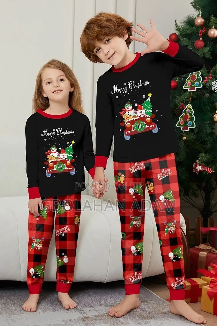 Black Red Print Merry Christmas Plaid Family Matching Pajamas Set