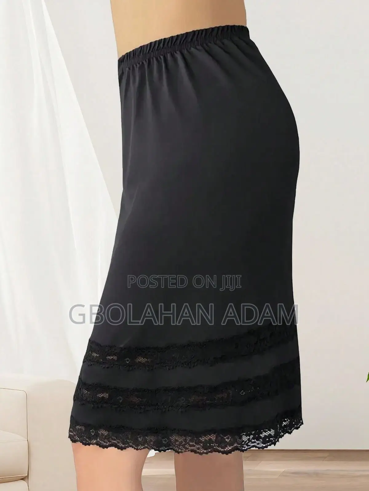 Elastic Waist Solid Color Satin Underskirt Lace Trim Skirt For