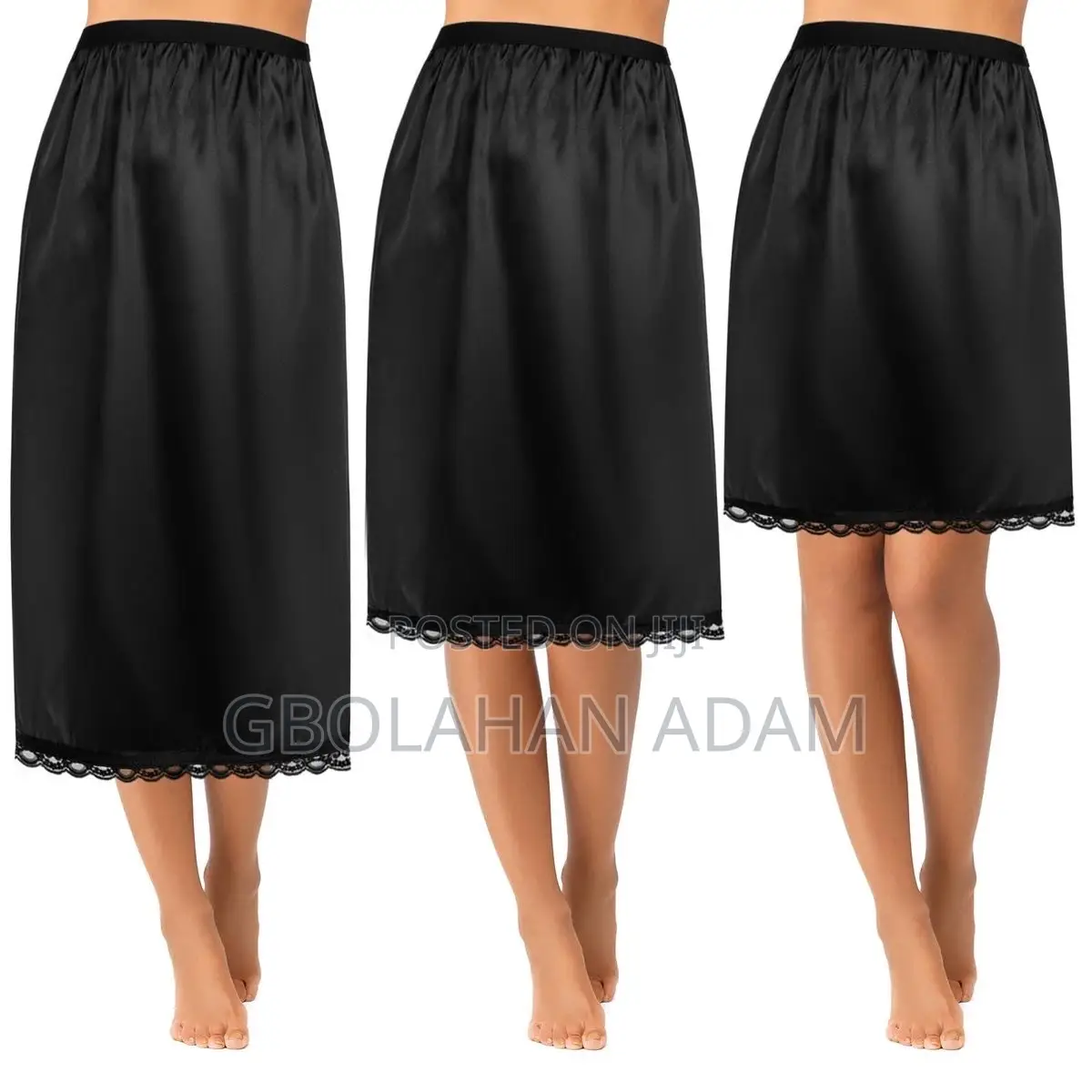 Elastic Waist Solid Color Satin Underskirt Lace Trim Skirt For