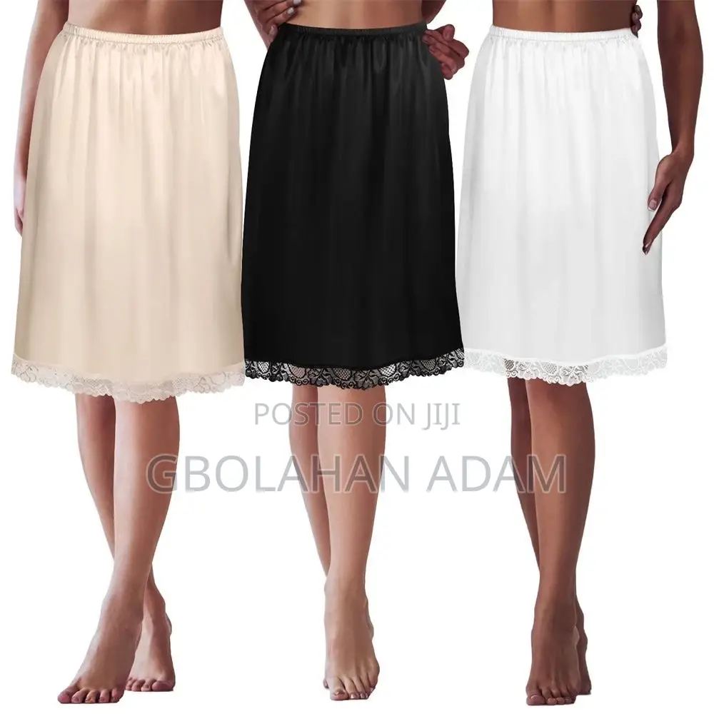 Elastic Waist Solid Color Satin Underskirt Lace Trim Skirt For