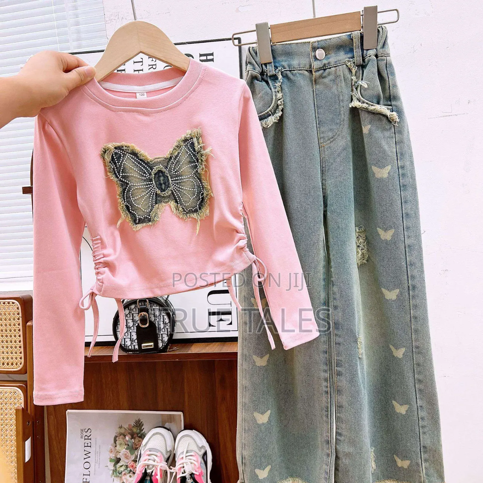 Stone Washed Denim Jeans With Long Sleeves Tops Set Ages 3 To 12 Years