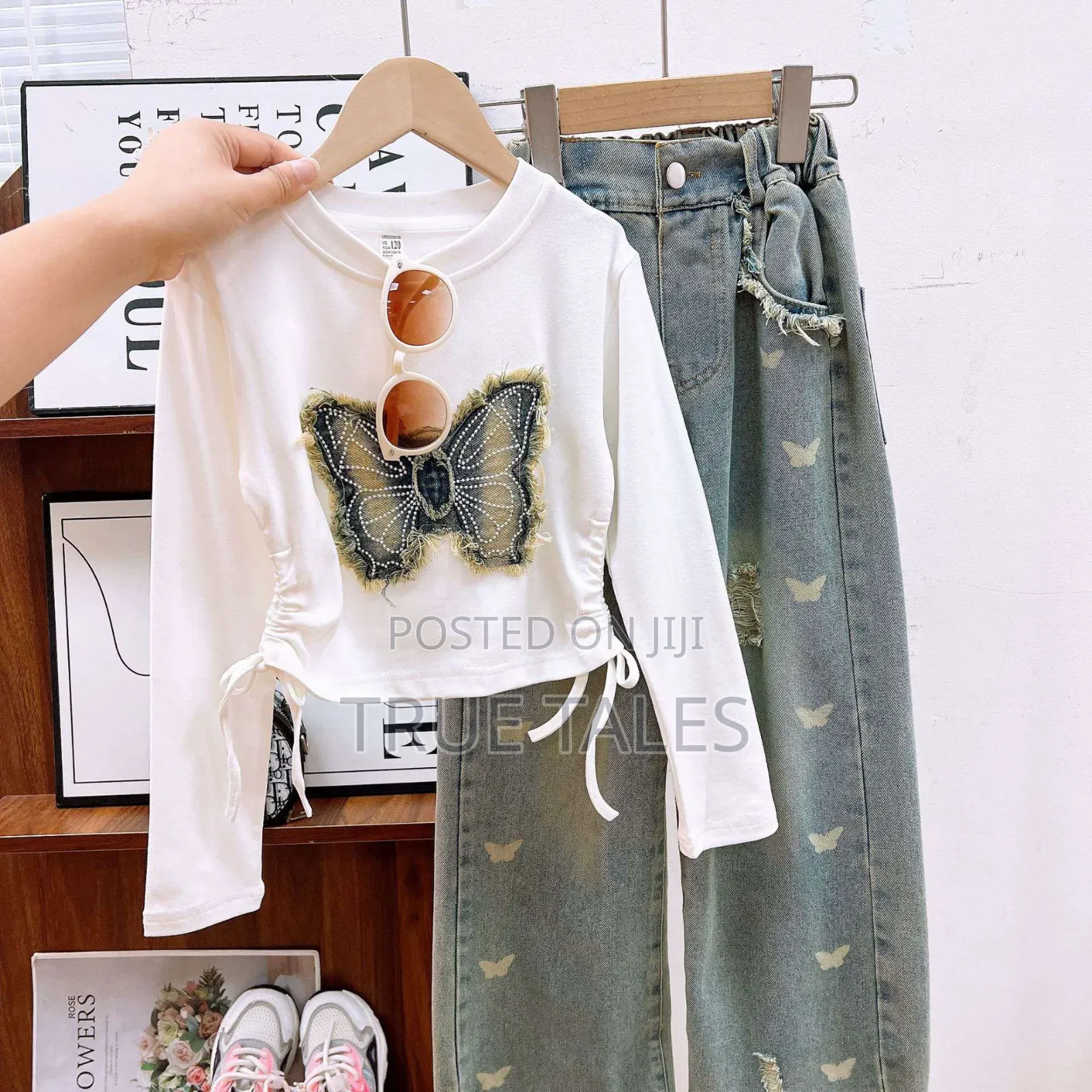 Stone Washed Denim Jeans With Long Sleeves Tops Set Ages 3 To 12 Years