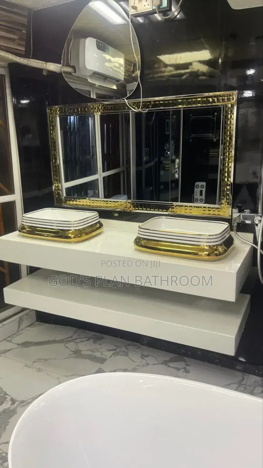 Double Gold White Cabinet Basin With Mirror With Frame