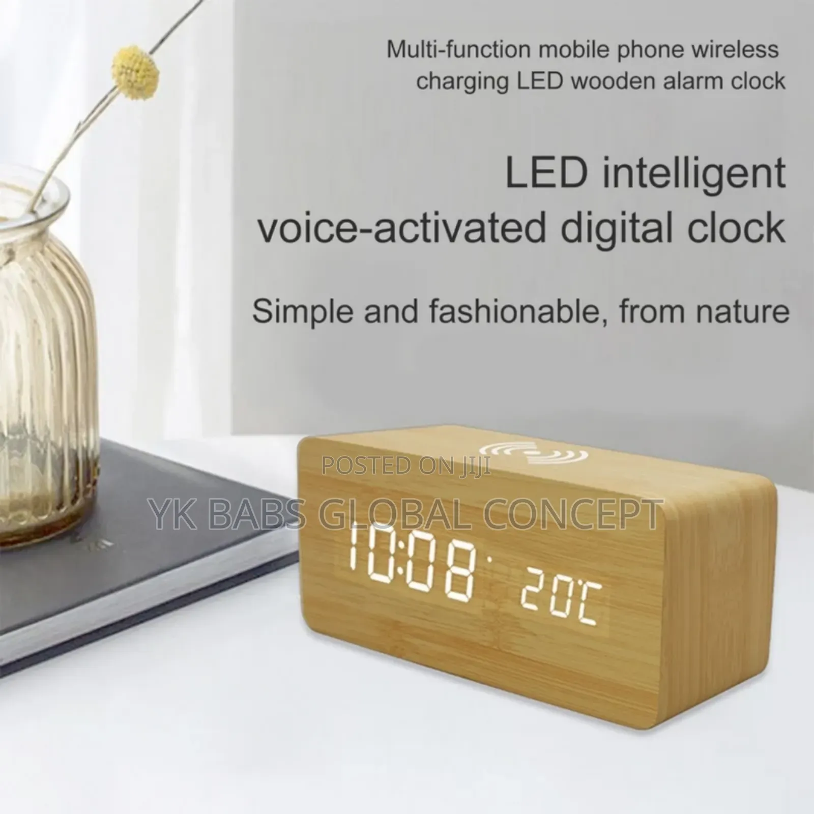 Wooden Digital Alarm Clock With Wireless Charging