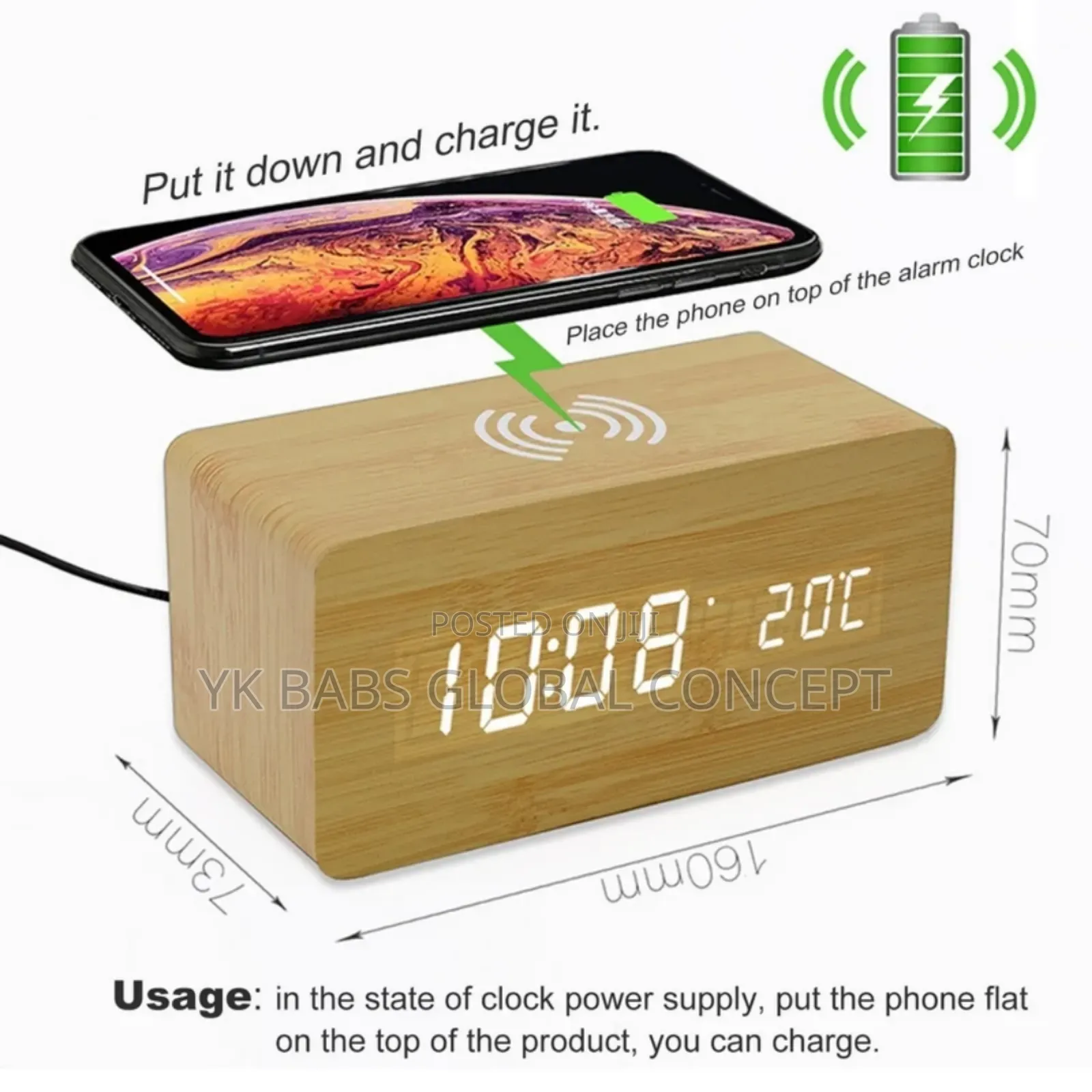 Wooden Digital Alarm Clock With Wireless Charging