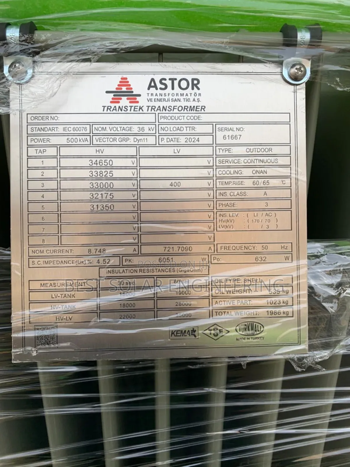 500kva 33kv/0.400kv Astor Transformer