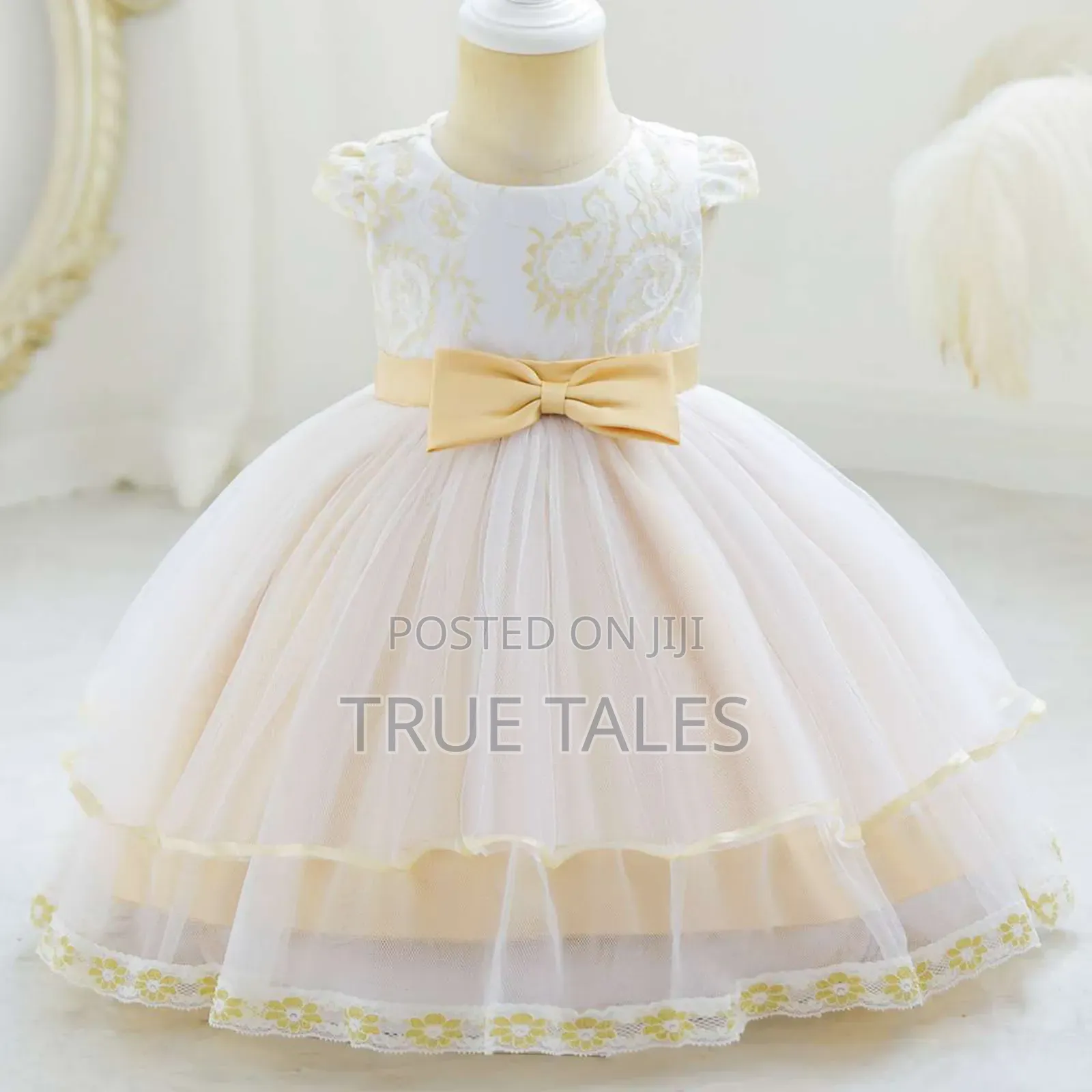Baby/Toddlers Frilly Cream And Gold Dress Ages 3 Months To 3 Years
