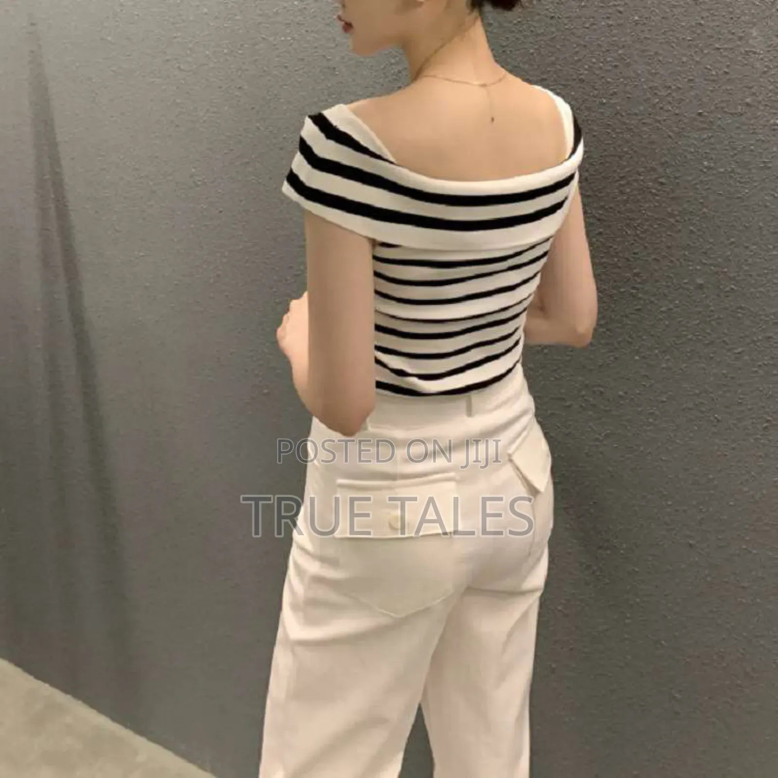 Ladies Cream and Black Stripes Off the Shoulder Neck Stretchy Top
