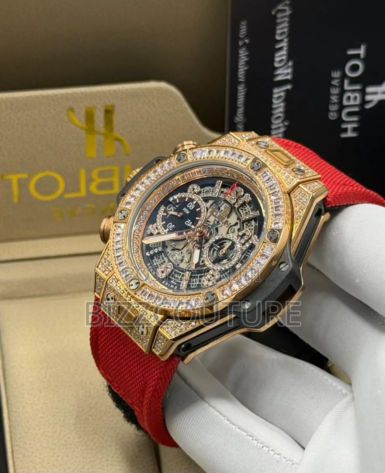Original Hublot Red Faux Leather Strap Iced Quartz Watch