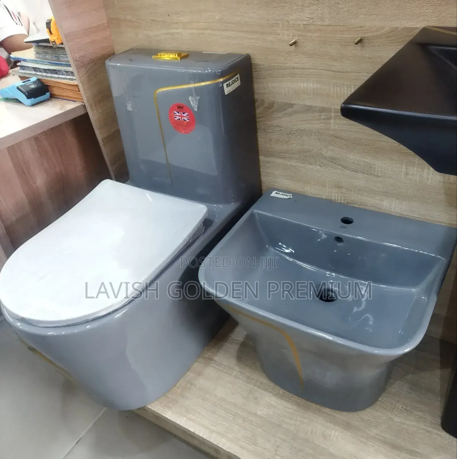 Gray Luxury Water Closet With Hanging Basin