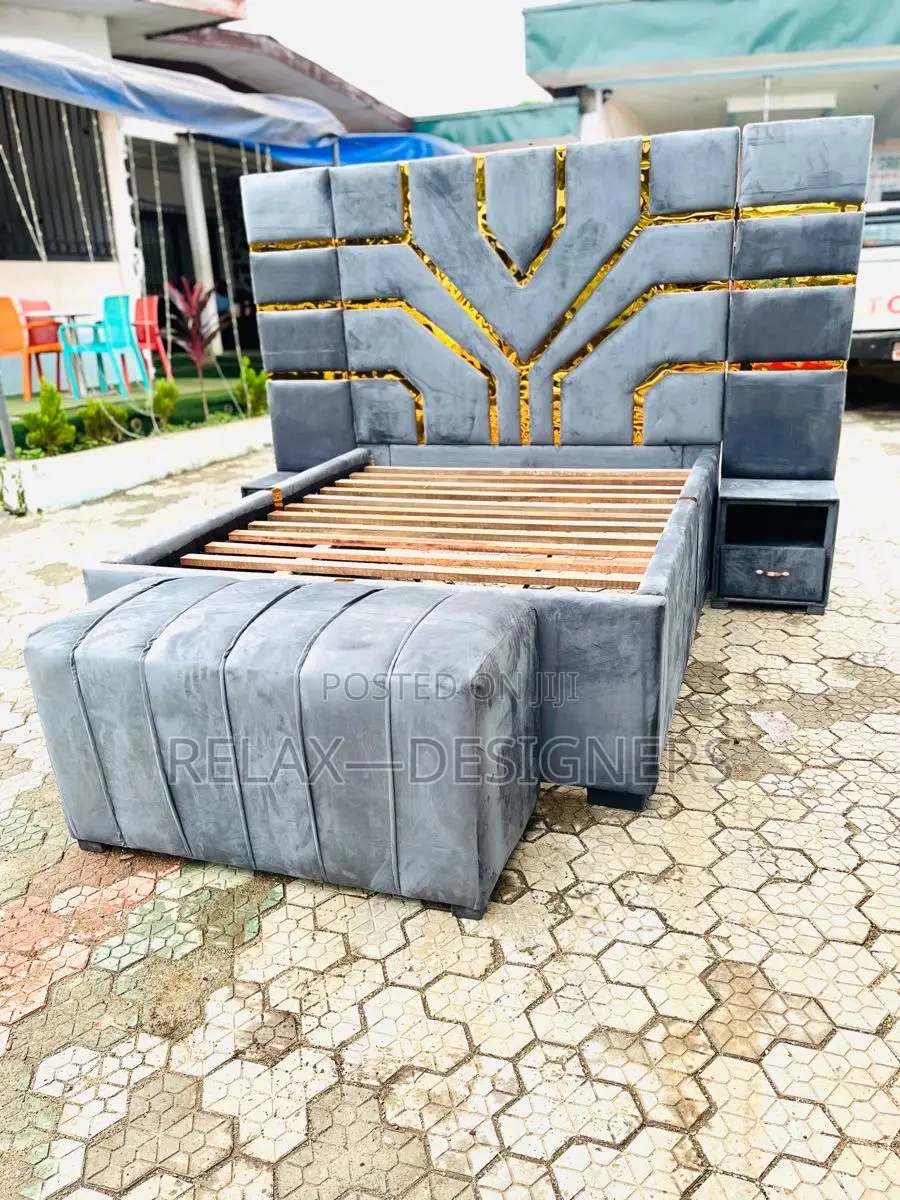 Gray Bed With Golden Touch Ottoman