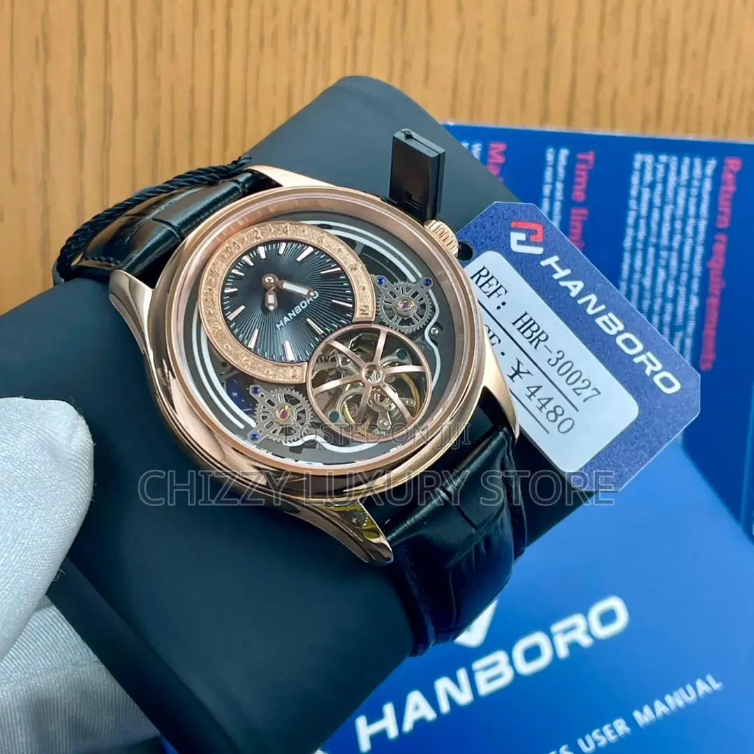 Hanboro Quality Luxury Men Chronograph Genuine Leather Wristwatch