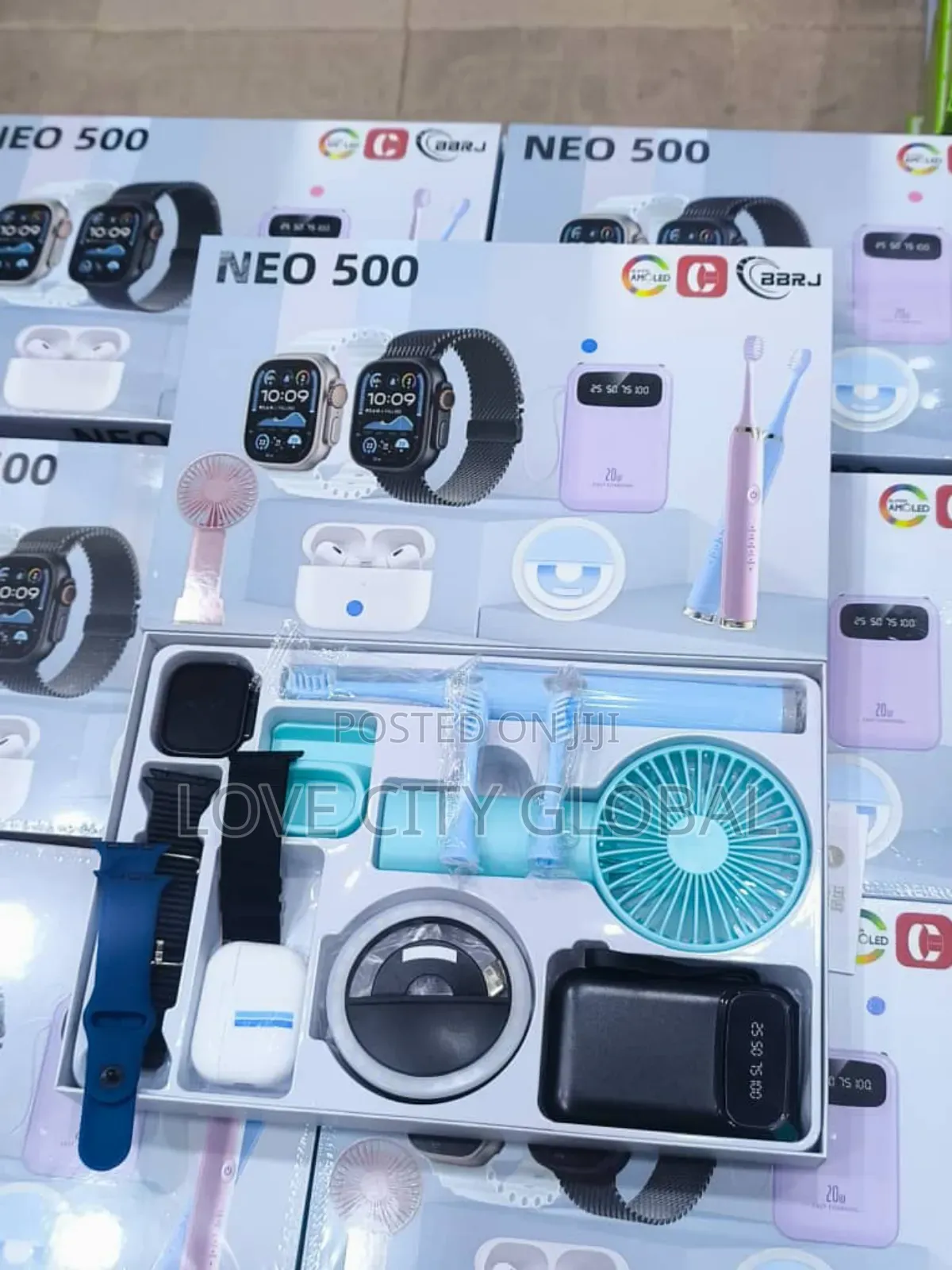 Neo 500 Smart Watch Earpod, Powerbank, Mini Fan, Led Light, 3 Brush