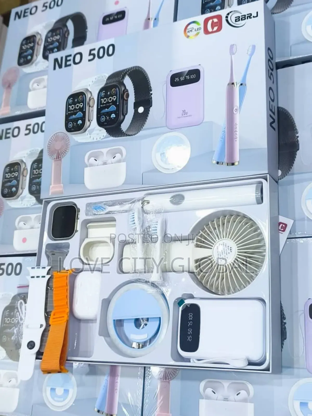 Neo 500 Smart Watch Earpod, Powerbank, Mini Fan, Led Light, 3 Brush
