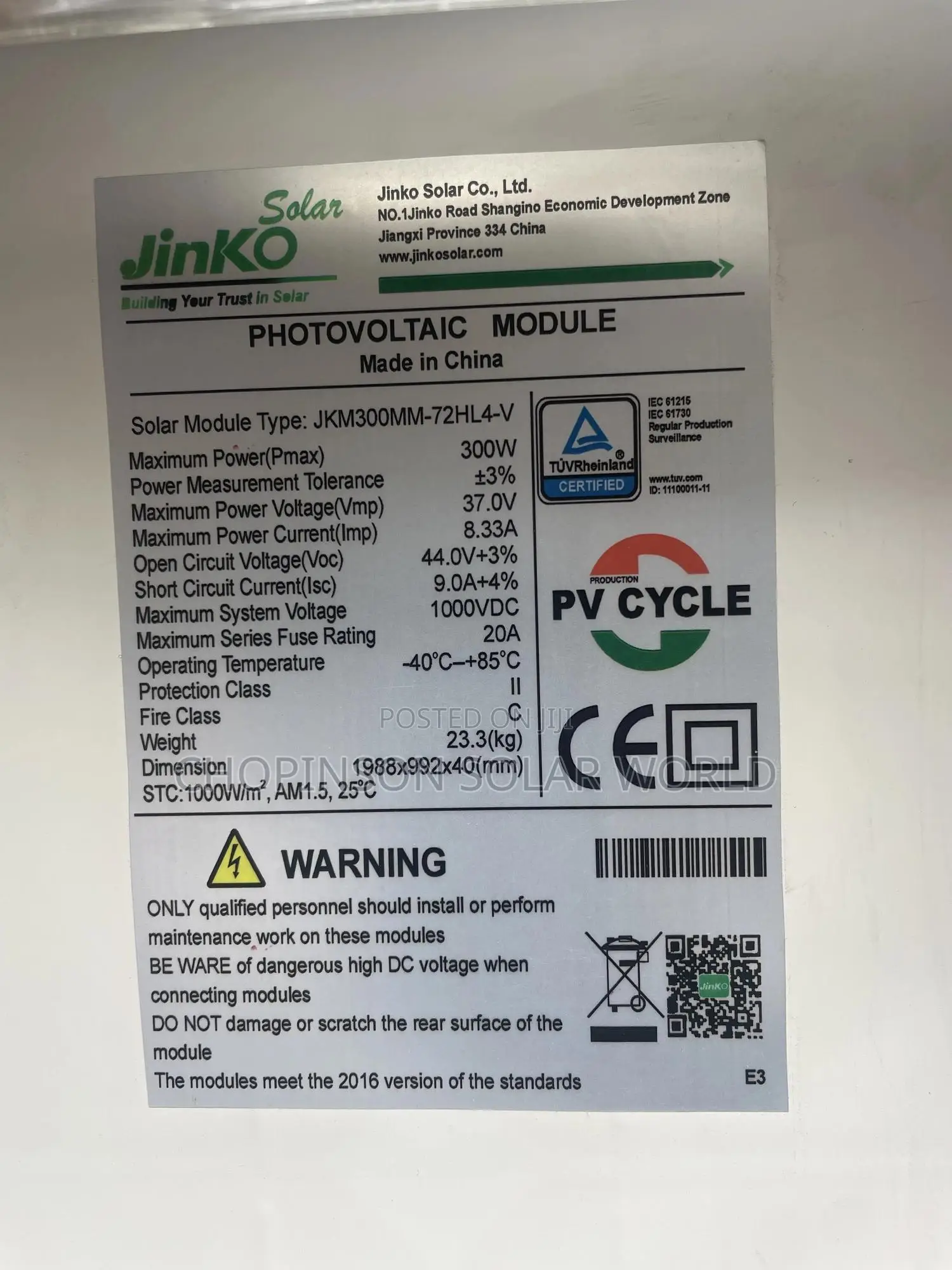 Solar Energy Jinko Panels 72cell 300watts/24votts