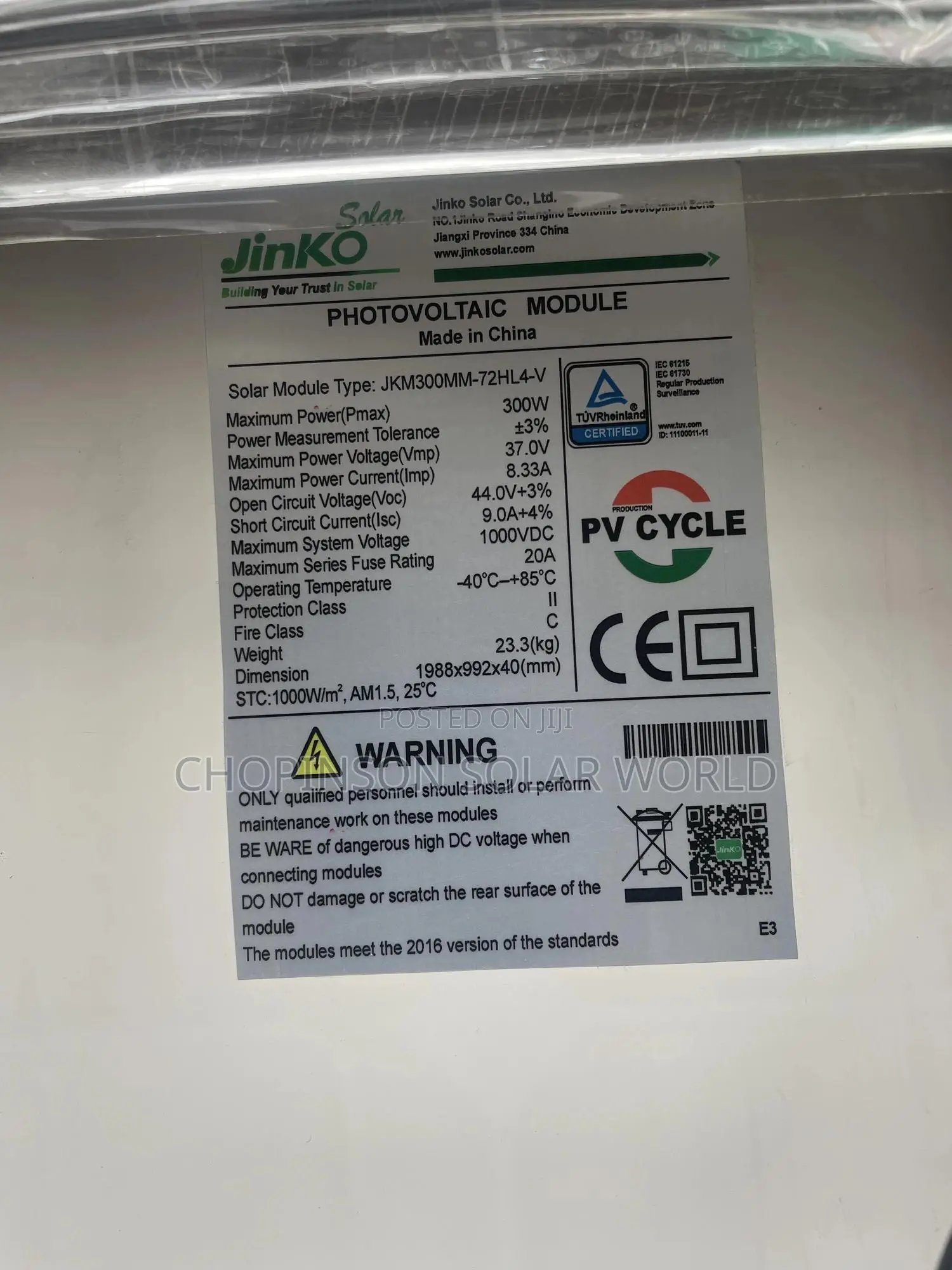 Solar Energy Jinko Panels 72cell 300watts/24votts