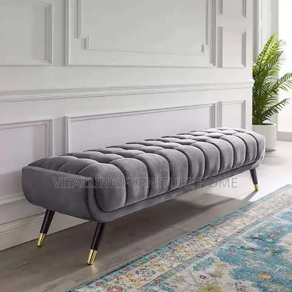 Premium Dark Grey Velvet Upholstered Bench With Gold Tip Legs