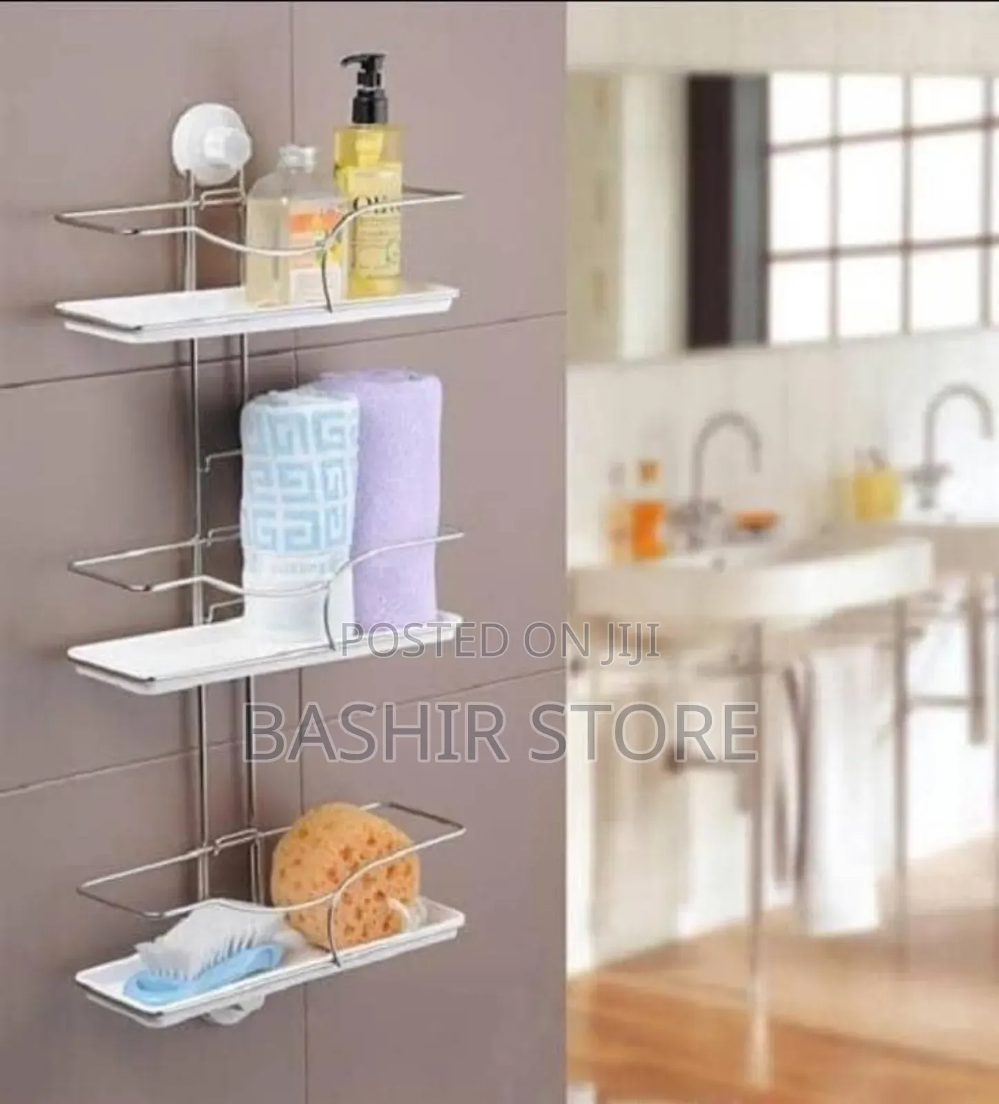 Three-Tier, Wall-Mounted Bathroom Storage Shelf.